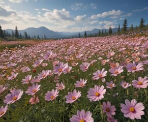 Sea of cosmos flowers, a breathtaking display of color under a clear sky ,  blue,  rural,  pink