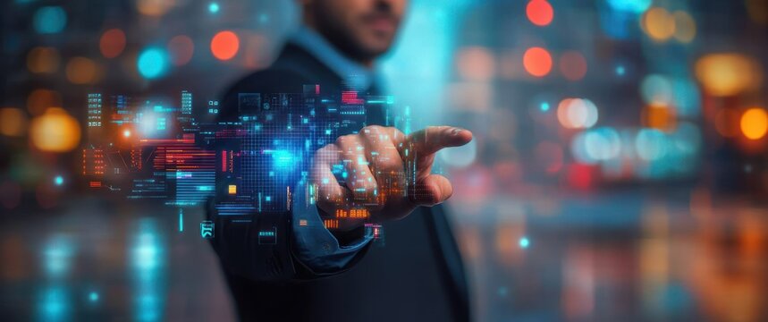 Blurred man in suit interacting with futuristic digital interface with glowing holographic data and graphs in vibrant cityscape background
