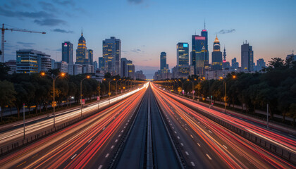 Fototapeta premium City Traffic At Night With Illuminated Buildings And Light Trails On Highway 