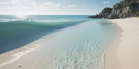 Soft, white sand slopes gently to a serene expanse of aquamarine water, small waves lapping gently , calm, light, beach