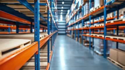 Industrial drone footage flying backward through warehouse shelves, capturing a clean and organized storage space with a modern warehouse aesthetic