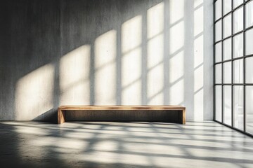 Minimalist empty room with long wooden bench and large window casting square shadows on concrete floor and wall, calm and serene atmosphere