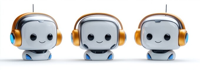 Three small smiling robots with golden headphones and blue accents on a white background, showing a friendly and futuristic vibe
