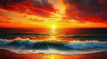 Vivid sunset over ocean waves crashing on sandy shore with dramatic red and orange sky