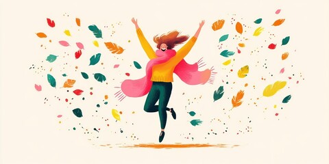 happy person jumping joyfully surrounded by colorful autumn leaves blowing in the air with arms raised expressing excitement and freedom