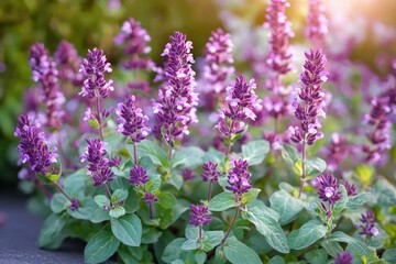 Close-up of blooming purple flowers with green leaves under warm sunlight