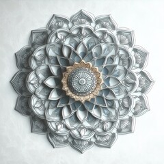 Intricate layered mandala with floral and geometric patterns in soft blue, white, and beige tones, creating a calming and harmonious effect on textured light background