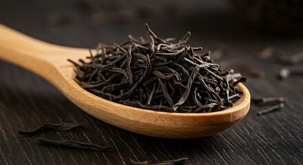 Fototapeta premium Dark Tea Leaves in Wooden Spoon: Rich, Rustic Still Life