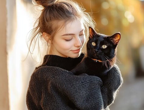 Young woman gently holding and looking at a black cat with golden eyes in warm soft sunlight, expressing affection and calmness - Powered by Adobe