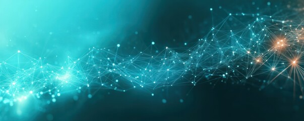 Abstract network of interconnected glowing points and lines over a gradient blue background symbolizing technology and data flow