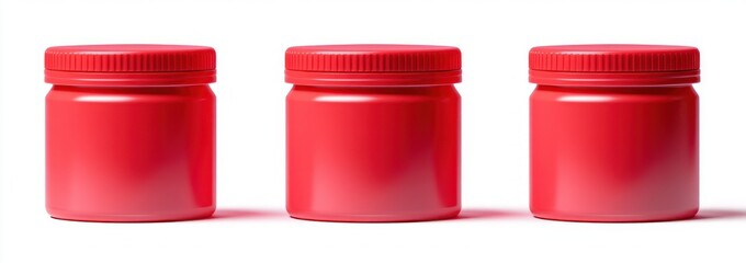 three identical red plastic jars with screw on lids placed side by side on a white background