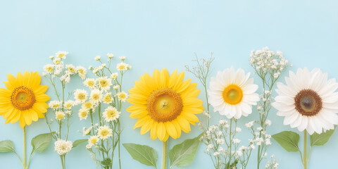 Yellow Sunflowers, Daisy, Chamomile Flowers and wildflowers on a blue background. Beautiful Floral background for Birthday, Mother's day, Women's day, Summer Holidays