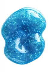 Close-up of a shiny, translucent blue slime with sparkling glitter particles suspended inside