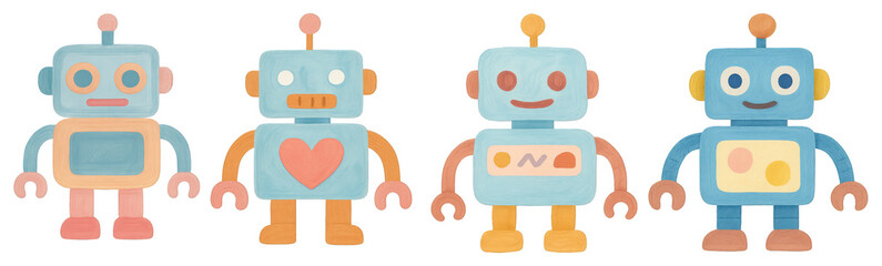 Fototapeta premium PNG Colorful whimsical robot illustrations, element set on transparent background