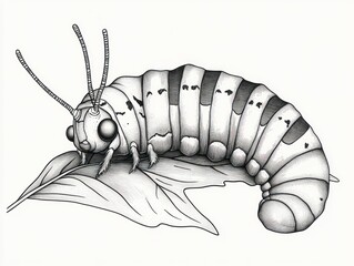 Detailed black and white illustration of a segmented caterpillar resting on a leaf with antennae and multiple legs visible, showcasing texture and shading