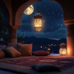 Cozy nighttime scene of a traditional outdoor terrace with ornate hanging lanterns glowing warmly under a starry sky and full moon, surrounded by decorative pillows and architectural arches