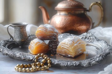 Traditional powdered sugar coated layered pastries on an ornate silver tray with a copper teapot, metal cup, and golden bead necklace creating a vintage tea setting
