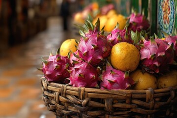 Woven basket filled with bright pink dragon fruits and yellow oranges on a tiled floor with blurred background