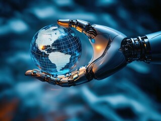 Futuristic robotic hand delicately holding a transparent globe with detailed continents, symbolizing technology and global connectivity with a sleek metallic design