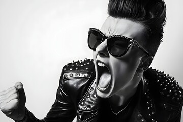 Rocker boy wearing sunglasses, half profile black and white