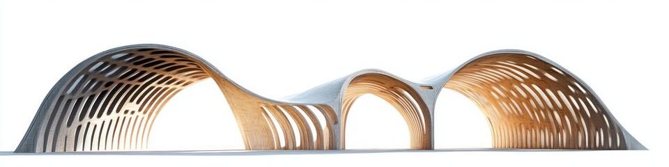 modern architectural structure with multiple large wooden arches featuring a pattern of rounded cutouts illuminated by soft lighting on a white background