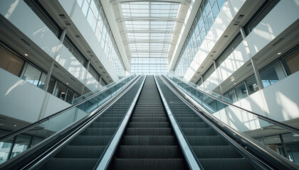 Obraz premium Elevated Escalator Perspective in a Modern Building with Glass Walls and Natural Light 