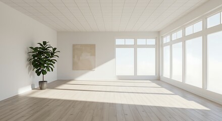Fototapeta premium Minimalist Room: Sunlit Interior with Plant and Artwork