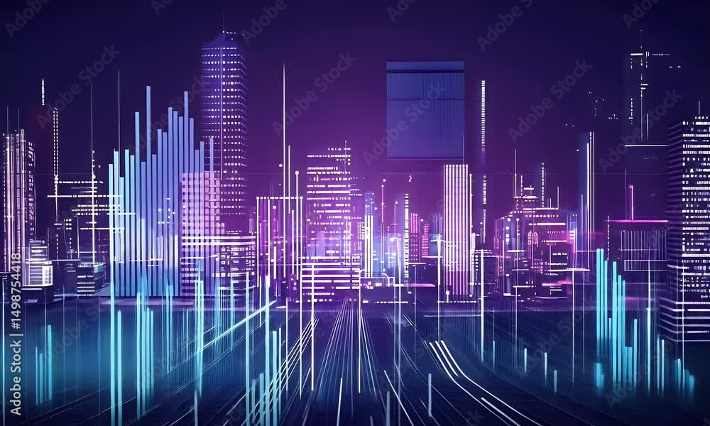 Poster a cityscape with digital data streams and bar graphs, representing the concept of real-time stock ma
