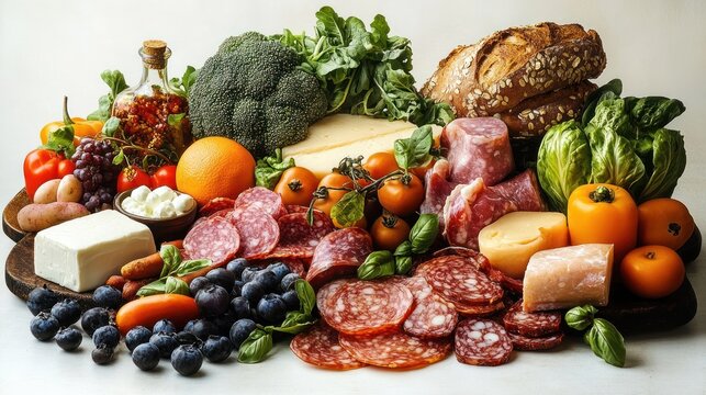 Abundant assortment of fresh fruits, leafy greens, various cheeses, sliced cured meats, whole loaf of multigrain bread, and colorful vegetables displayed on wooden boards - Powered by Adobe