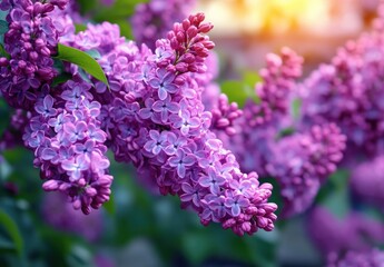 Close-up of vibrant purple lilac flowers blooming with soft sunlight in the background conveying freshness and natural beauty