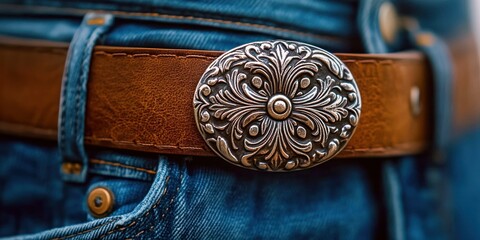 Close-up of a brown leather belt with an ornate silver buckle featuring a floral pattern on blue denim jeans