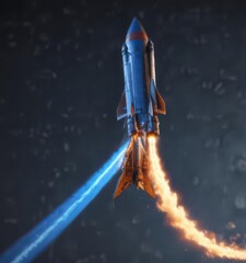 Rocket launching from ascending blue graph line, fiery exhaust ,  future,  finance,  blue