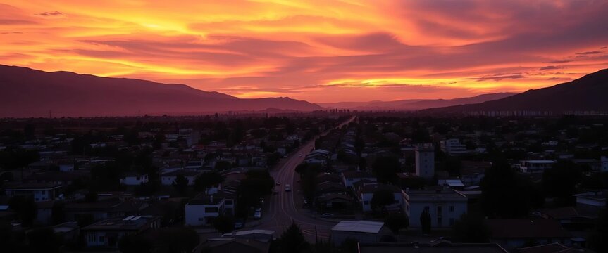 Fiery sunset colors paint the Ecatepec sky, casting long shadows, buildings, photography