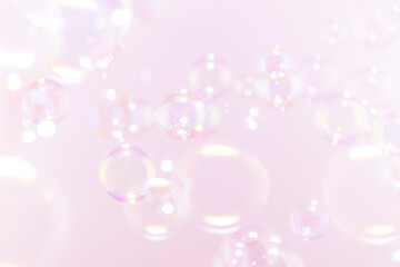 Beautiful Transparent Pink Soap Bubbles Floating in The Air. Clear Bubbles, Freshness Soap Suds Bubbles Water. Celebration Festive Backdrop. Pink and White Gradient Textured.	
