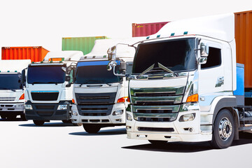Row of Semi Trailer Trucks on The Parking Lot. Big Rig, Tractor Truck. Shipping Cargo Container...