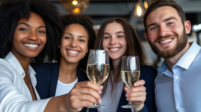Business team of diverse professionals smiling and clinking glasses in celebration of reaching a sales goal
