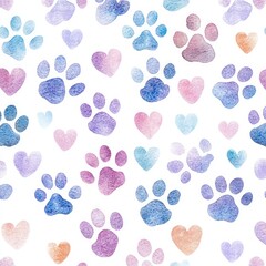 Pattern of colorful watercolor paw prints and heart shapes scattered on a white background evoking a playful and loving mood