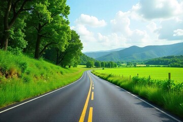 Fototapeta premium A winding asphalt road stretches through a picturesque landscape, flanked by lush green fields and towering trees, evoking a sense of journey and family adventure , car, serene, idyllic