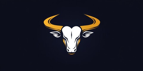 Fototapeta premium Stylized illustration of a bull skull with large curved golden horns and prominent ears on a dark background
