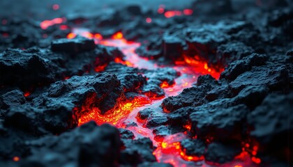 Molten Obsidian Lava Flow With Silver Sparks, Dramatic Volcanic Texture And Intense Mood