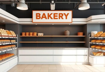 Empty bakery/grocery mockup, blank signage, shelves ready for branding, sticker, presentation