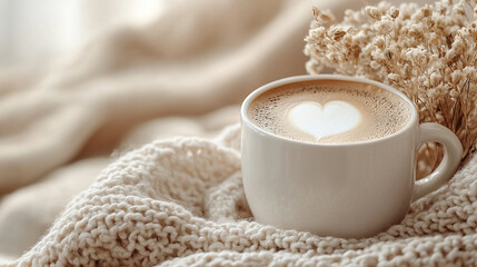 Flatlay of cozy beige coffee cup with dried flowers on white background. Warm, neutral tones create a calming, minimalistic lifestyle and decor vibe.