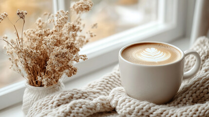 Flatlay of cozy beige coffee cup with dried flowers on white background. Warm, neutral tones create a calming, minimalistic lifestyle and decor vibe.