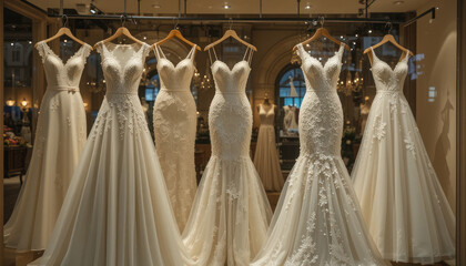 Elegant wedding dresses displayed in a city shop window at night	