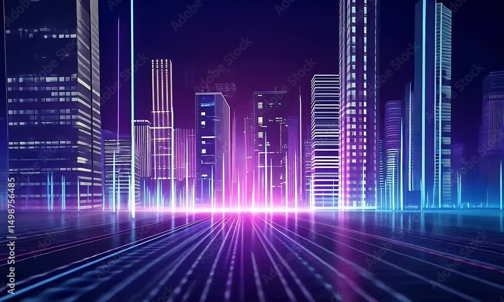 Poster a cityscape with digital data streams and bar graphs, representing the concept of real-time stock ma