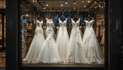 Elegant wedding dresses displayed in a city shop window at night	