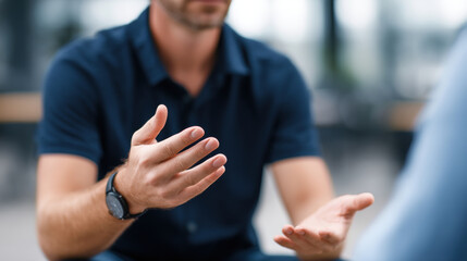 Man blue shirt gesturing with his hands while talking, modern indoor setting, conveying explanation or discussion, with blurred background, natural lighting, casual attire, and watch his wrist