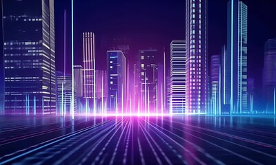 A cityscape with digital data streams and bar graphs, representing the concept of real-time stock market analysis in an urban setting. The background is dark purple - Powered by Adobe