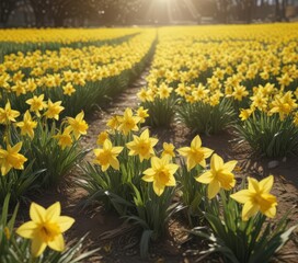 Glistening daffodil blossoms, a sea of yellow in a sun-drenched field , daffodils, photography