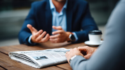 Two businessmen having discussion over coffee and newspaper at wooden table, engaged in professional conversation outdoors, with focus on communication and business environment